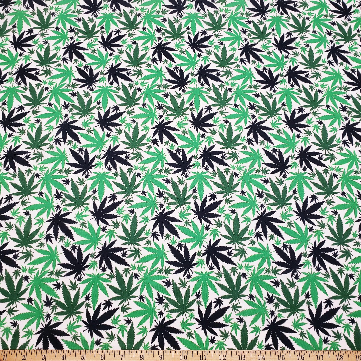 Green & Black Cannabis Leaf Polyester Poplin Fabric