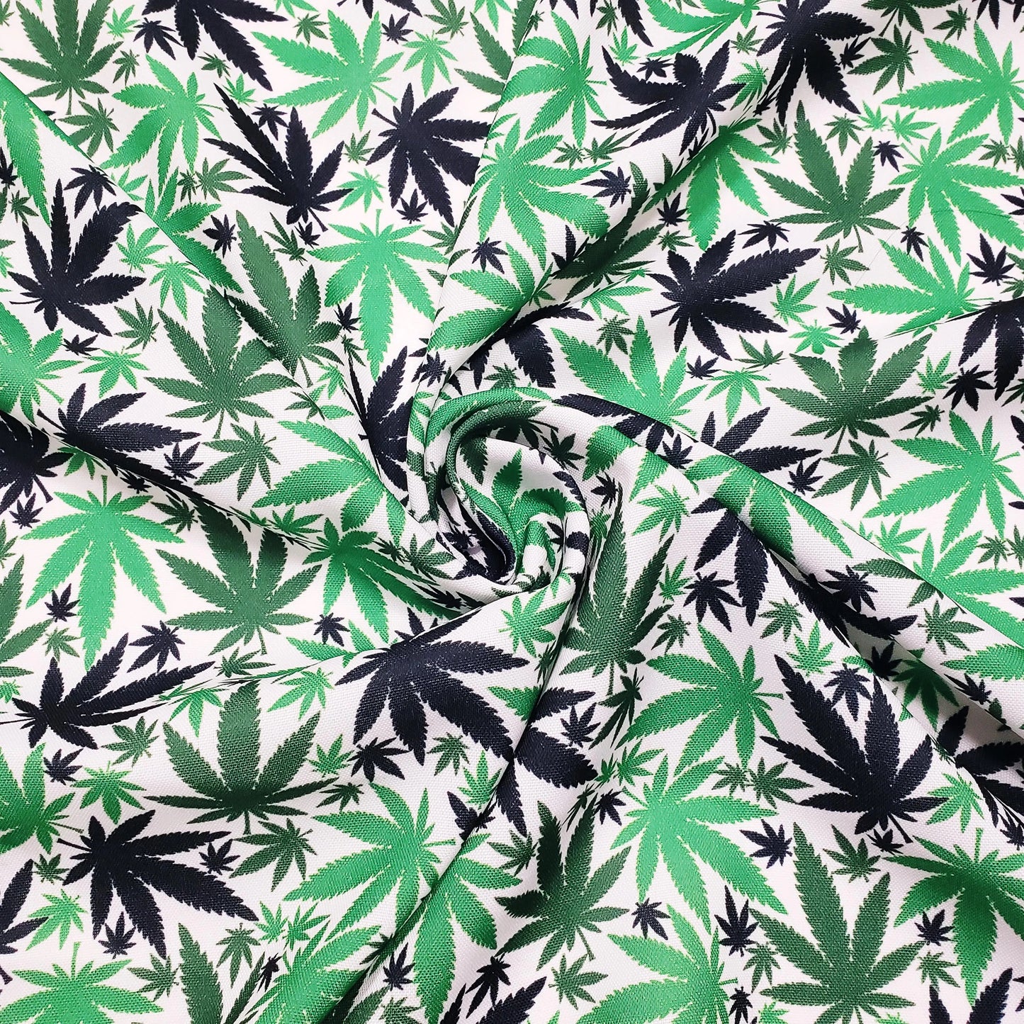 Green & Black Cannabis Leaf Polyester Poplin Fabric