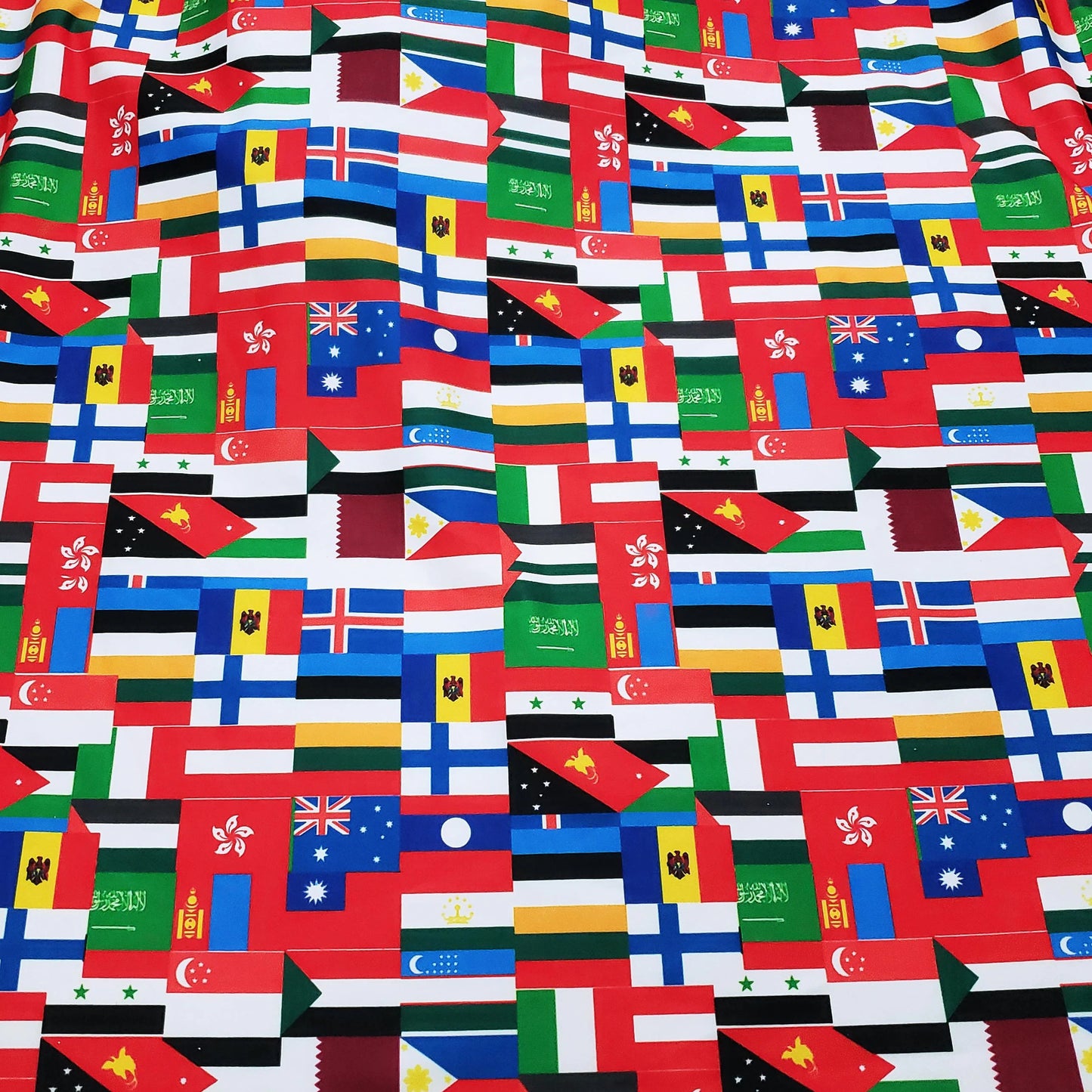 Flags of the World Print – 4-Way Stretch White Nylon Spandex Fabric