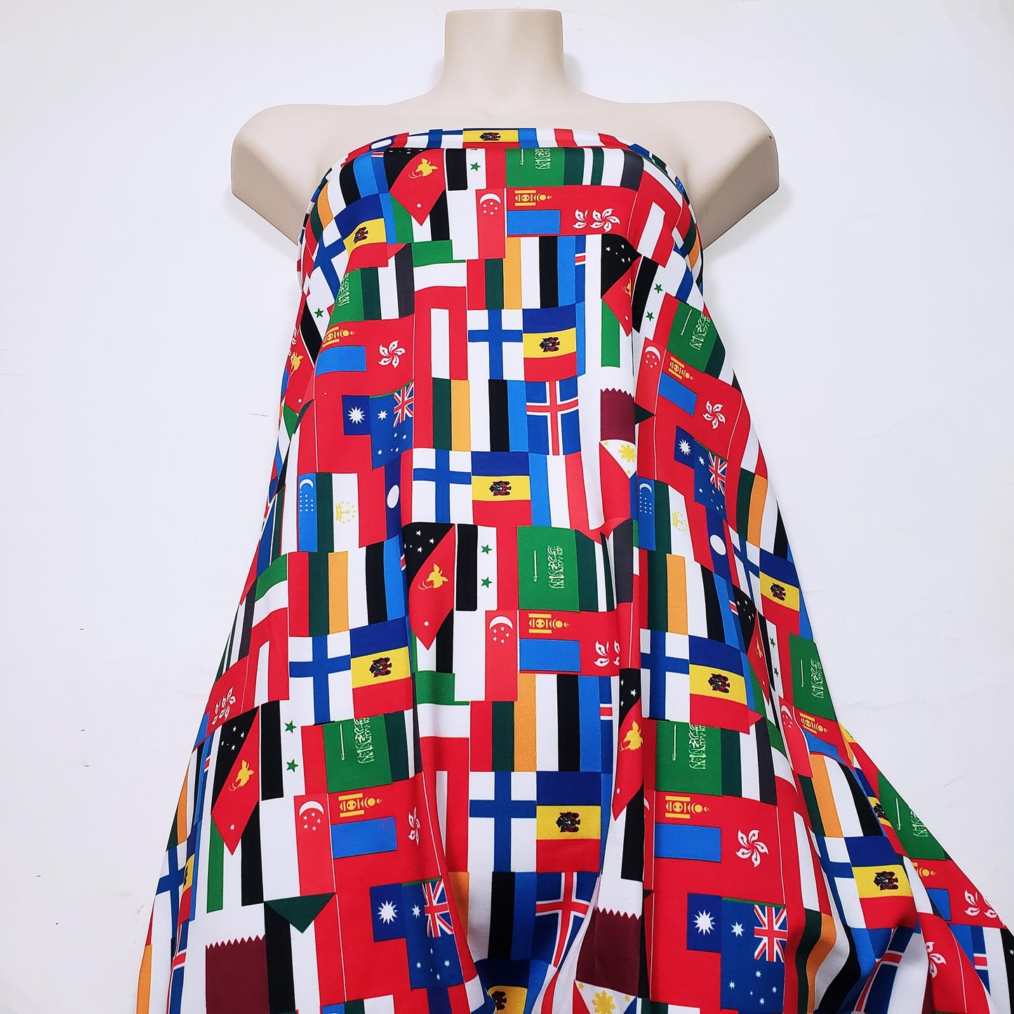 Flags of the World Print – 4-Way Stretch White Nylon Spandex Fabric