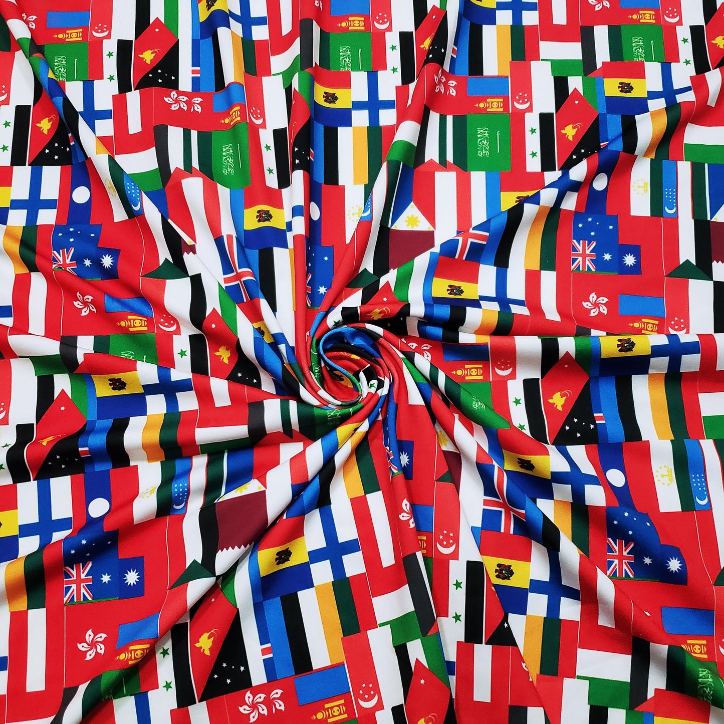 Flags of the World Print – 4-Way Stretch White Nylon Spandex Fabric