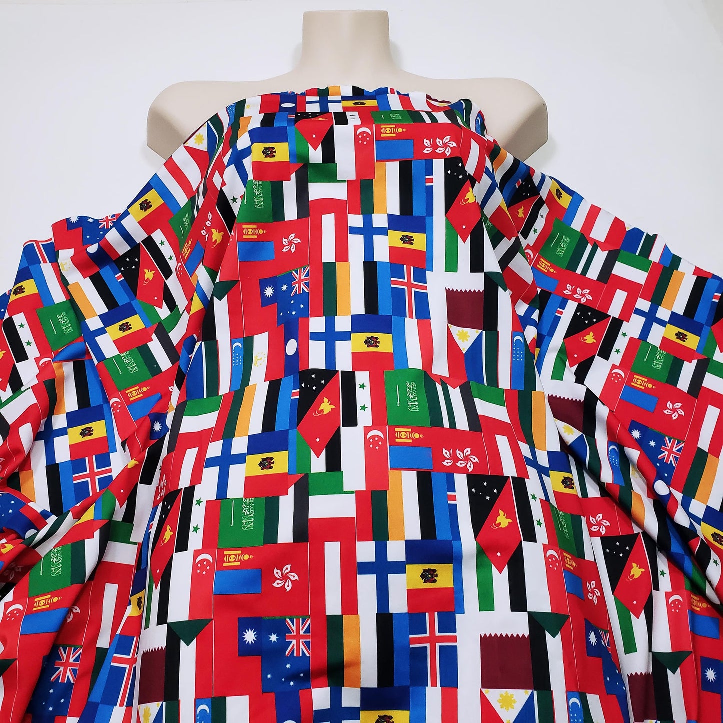 Flags of the World Print – 4-Way Stretch White Nylon Spandex Fabric