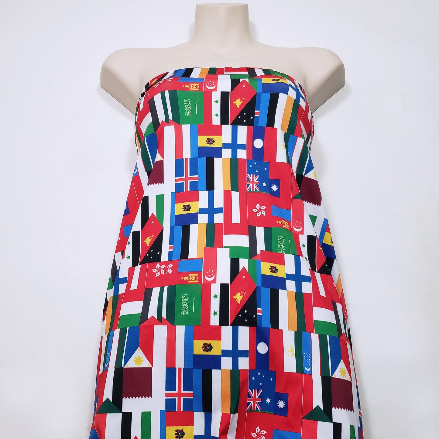 Flags of the World Print – 4-Way Stretch White Nylon Spandex Fabric