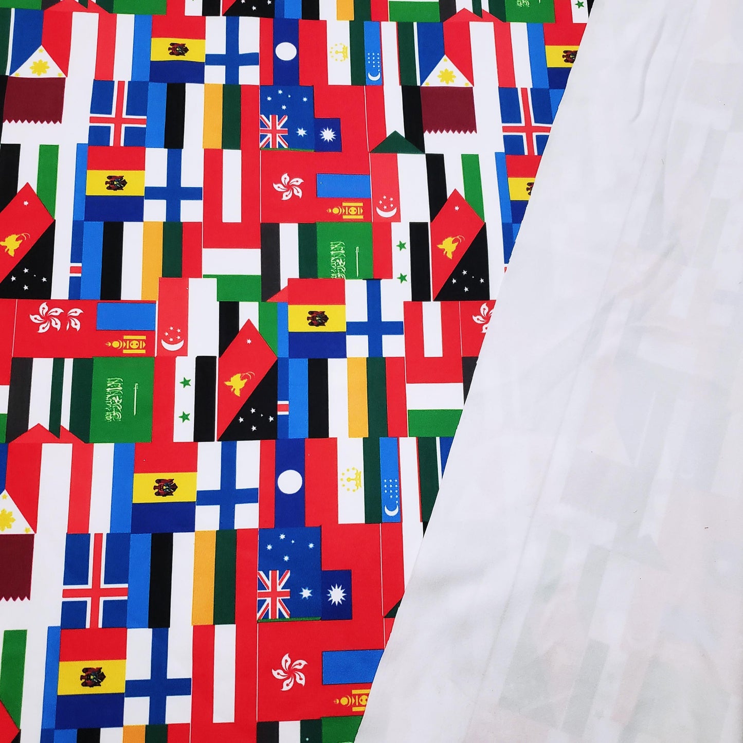 Flags of the World Print – 4-Way Stretch White Nylon Spandex Fabric