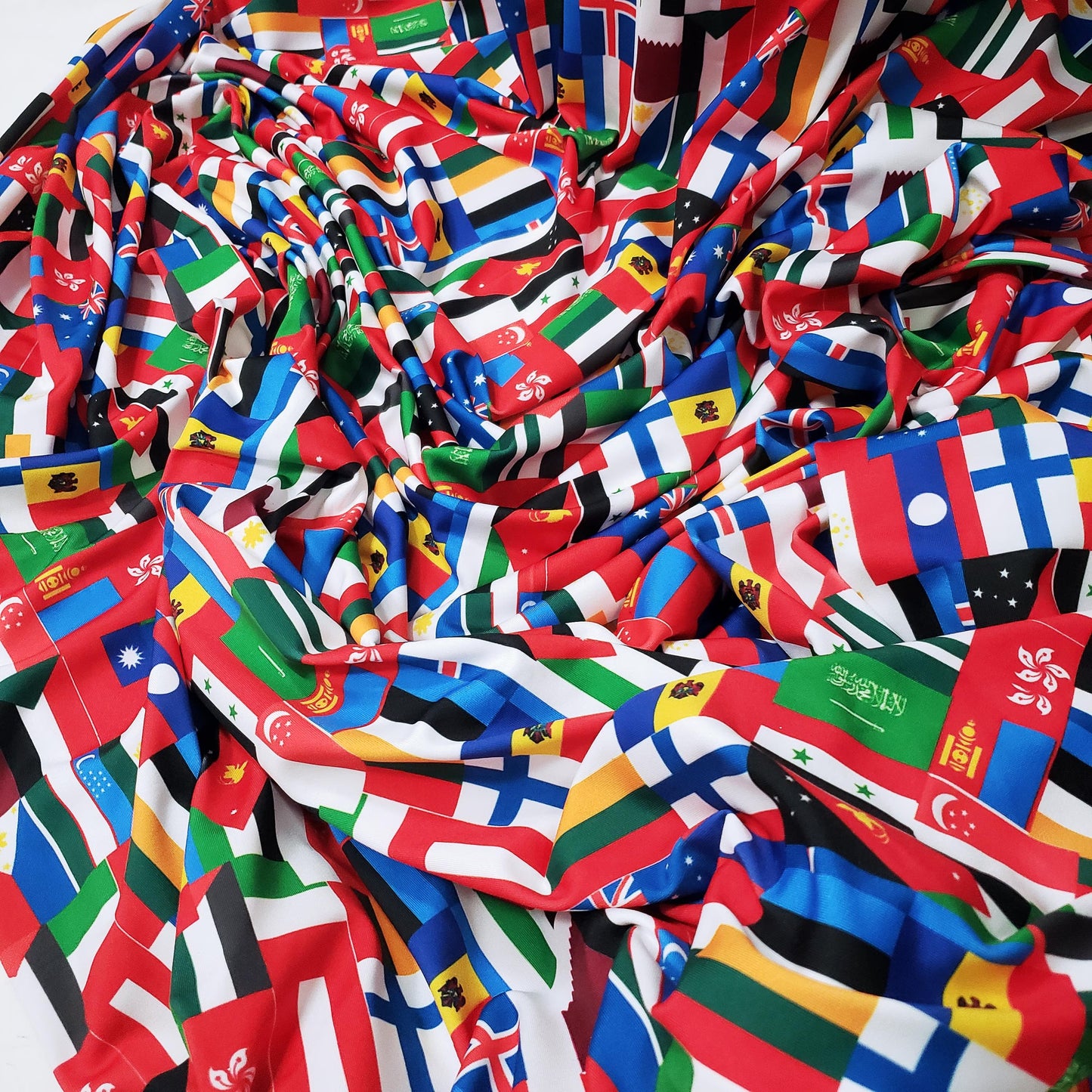 Flags of the World Print – 4-Way Stretch White Nylon Spandex Fabric