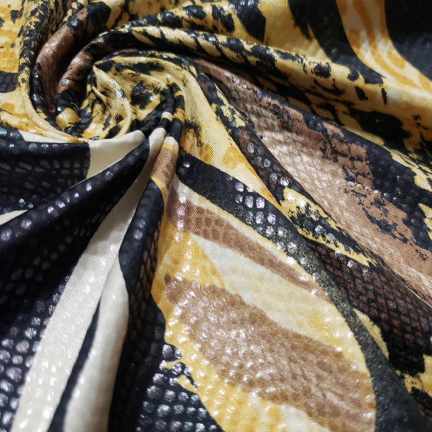 Abstract Snake Animal Print with Clear Foil Lightweight Poly Spandex Venezia Fabric