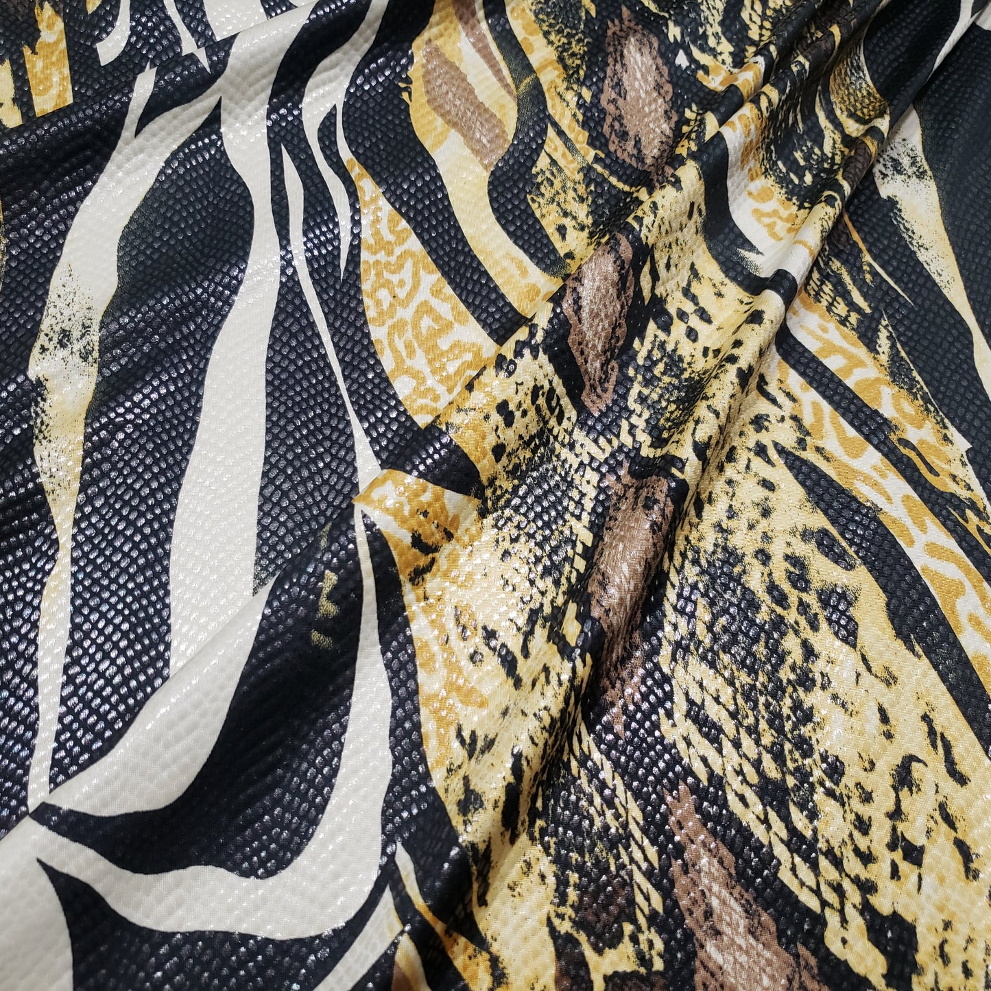 Abstract Snake Animal Print with Clear Foil Lightweight Poly Spandex Venezia Fabric