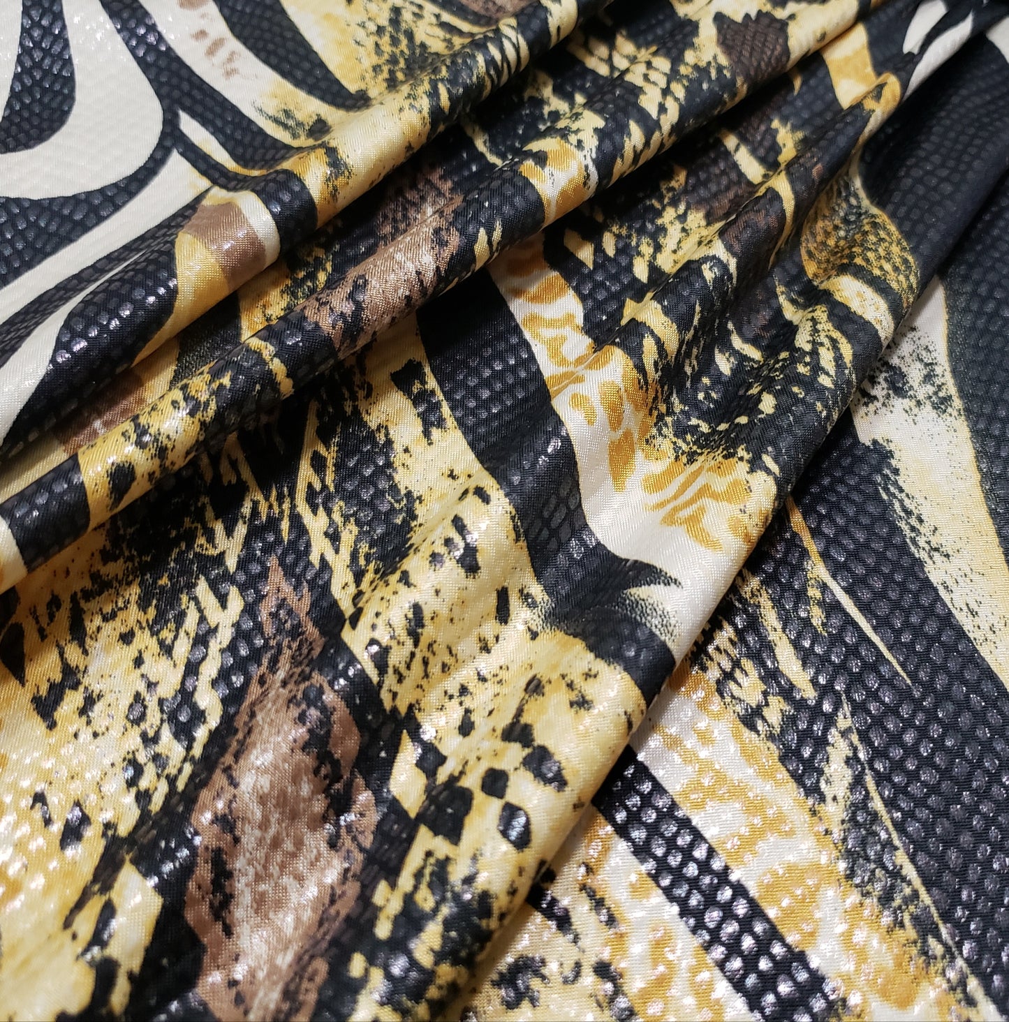 Abstract Snake Animal Print with Clear Foil Lightweight Poly Spandex Venezia Fabric