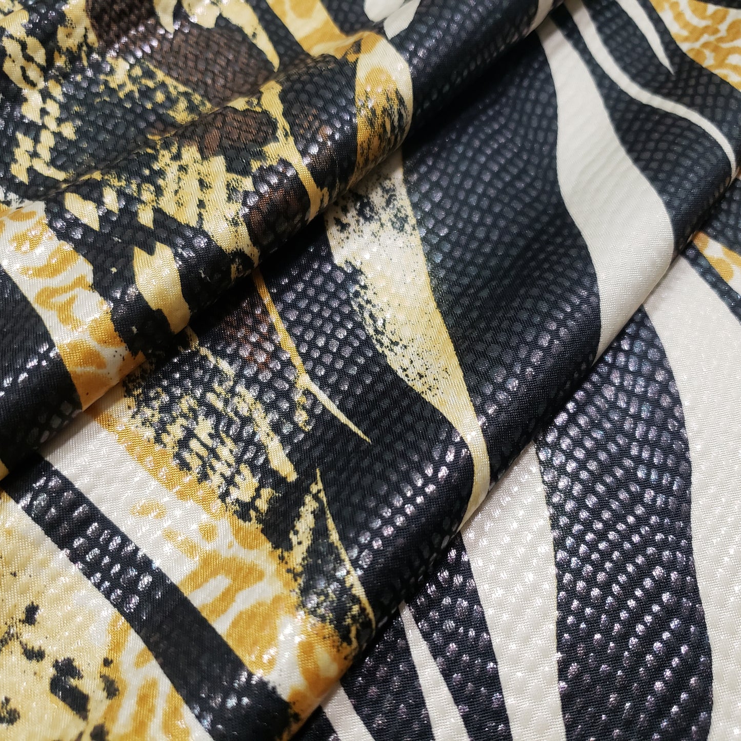 Abstract Snake Animal Print with Clear Foil Lightweight Poly Spandex Venezia Fabric
