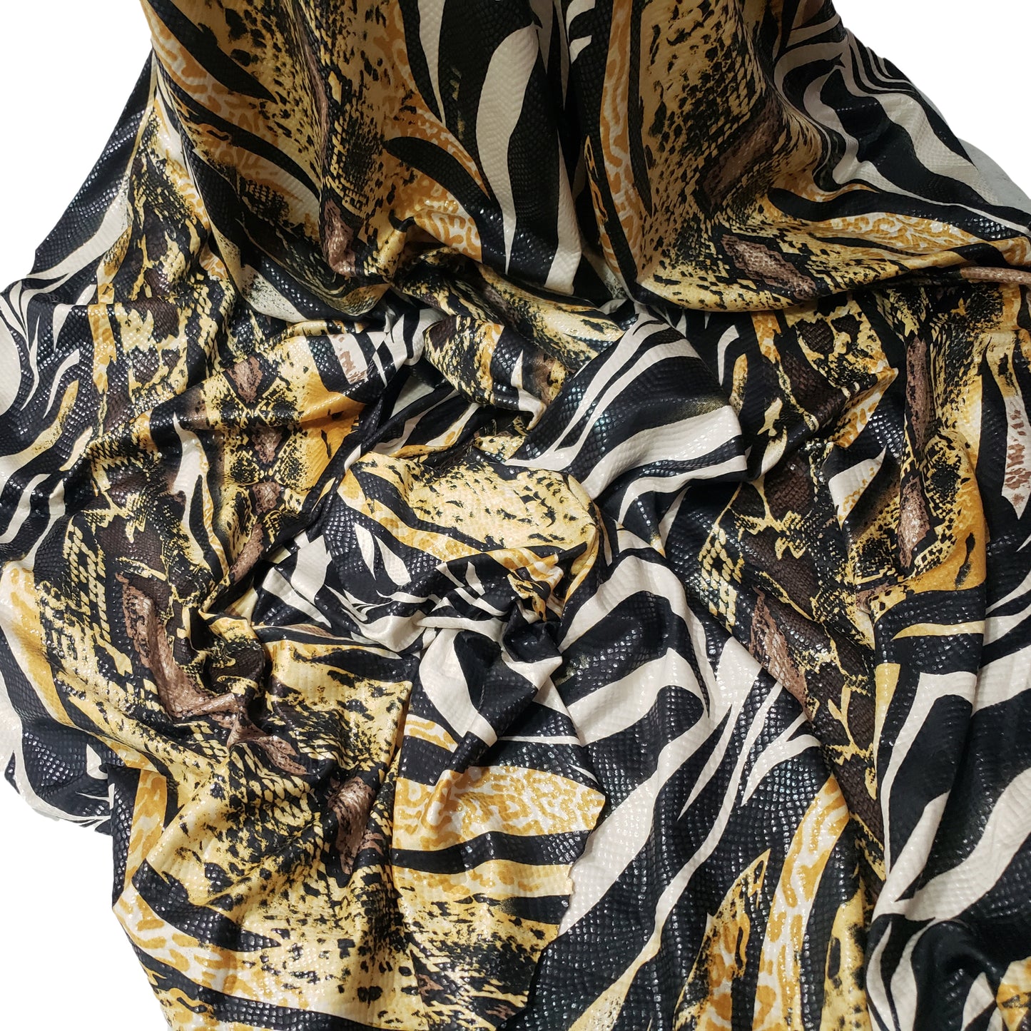Abstract Snake Animal Print with Clear Foil Lightweight Poly Spandex Venezia Fabric