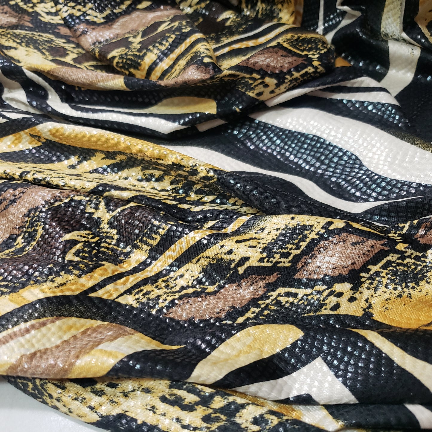 Abstract Snake Animal Print with Clear Foil Lightweight Poly Spandex Venezia Fabric