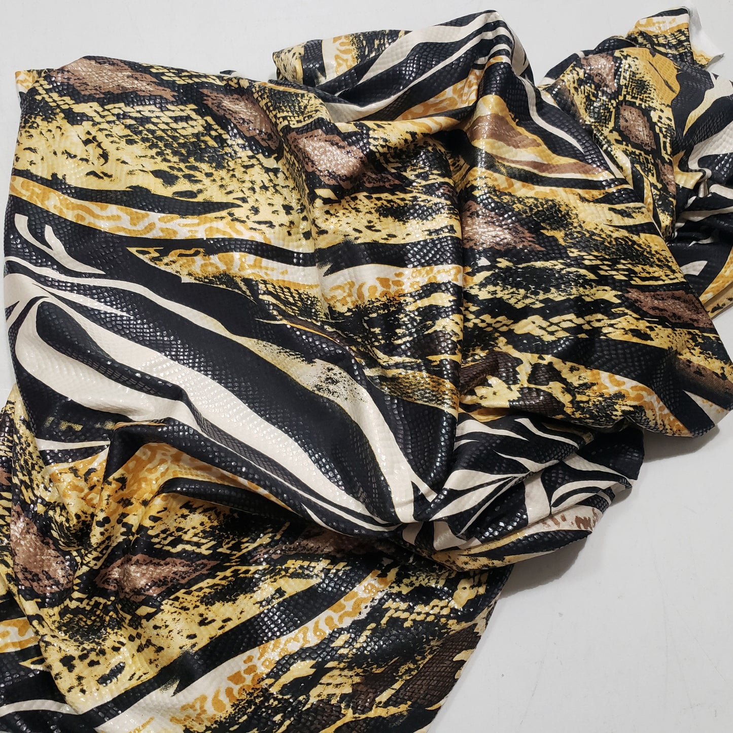 Abstract Snake Animal Print with Clear Foil Lightweight Poly Spandex Venezia Fabric