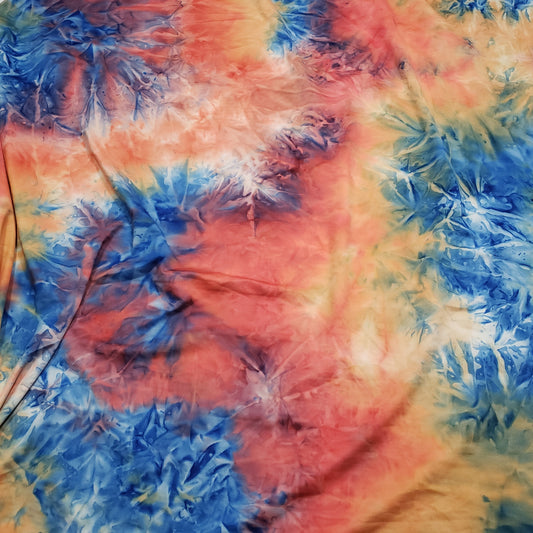 Shades of Orange, Blue, Yellow and Green Fire Tie Dye Print Poly Spandex Fabric