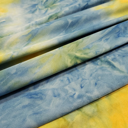 Blue, Yellow and Green Tie Dye Print Lightweight Poly Spandex Fabric
