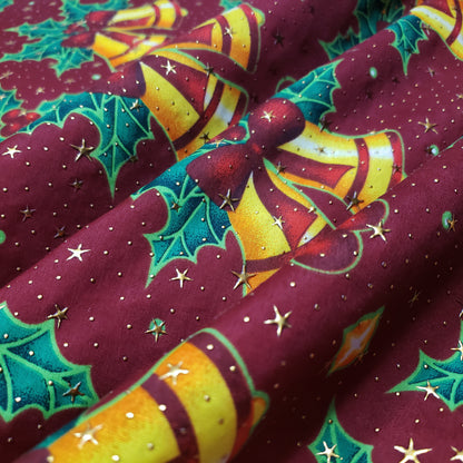 Christmas Bells and Holly Mistletoe with Gold Metallic Stars and Dots Poly Cotton Woven Fabric