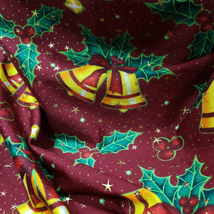 Christmas Bells and Holly Mistletoe with Gold Metallic Stars and Dots Poly Cotton Woven Fabric