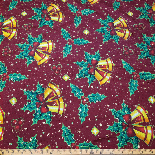 Christmas Bells and Holly Mistletoe with Gold Metallic Stars and Dots Poly Cotton Woven Fabric