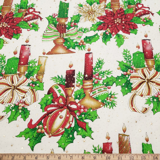 Christmas Candles, Poinsettias, Mistletoes with Gold Metallic Stars and Dots Poly Cotton Woven Fabric