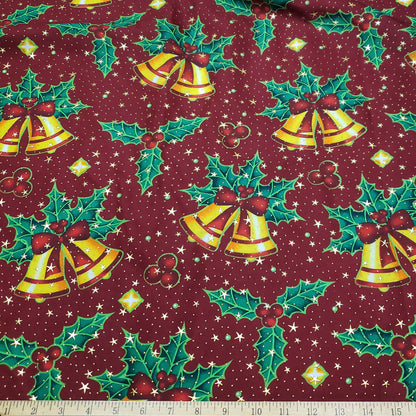 Christmas Bells and Holly Mistletoe with Gold Metallic Stars and Dots Poly Cotton Woven Fabric