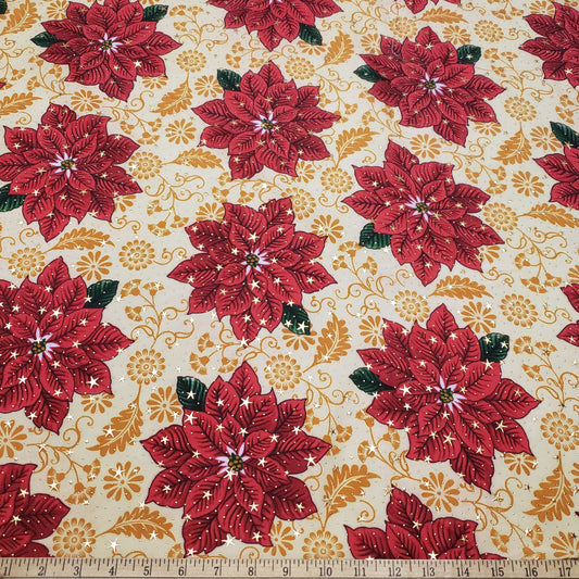 Red Poinsettias, Mustard Foliage, Gold Metallic Stars and Dots Christmas Print Poly Cotton Woven Fabric
