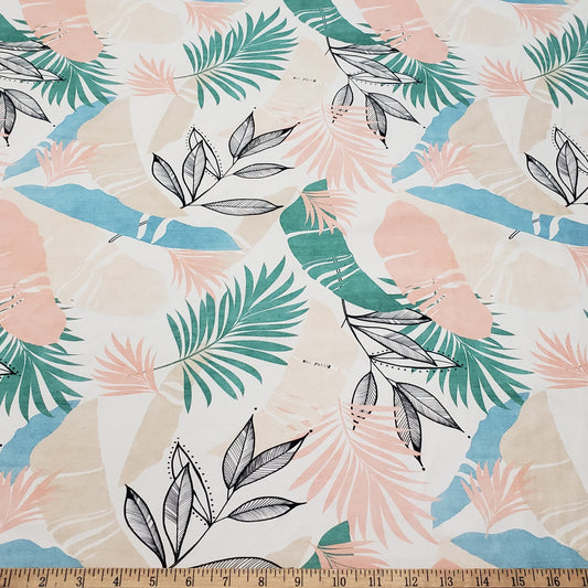 Desaturated Pastel Tropical Foliage Print Nylon Spandex Fabric