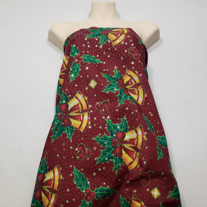 Christmas Bells and Holly Mistletoe with Gold Metallic Stars and Dots Poly Cotton Woven Fabric