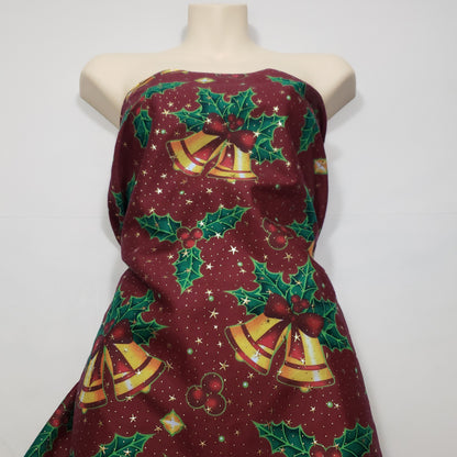 Christmas Bells and Holly Mistletoe with Gold Metallic Stars and Dots Poly Cotton Woven Fabric