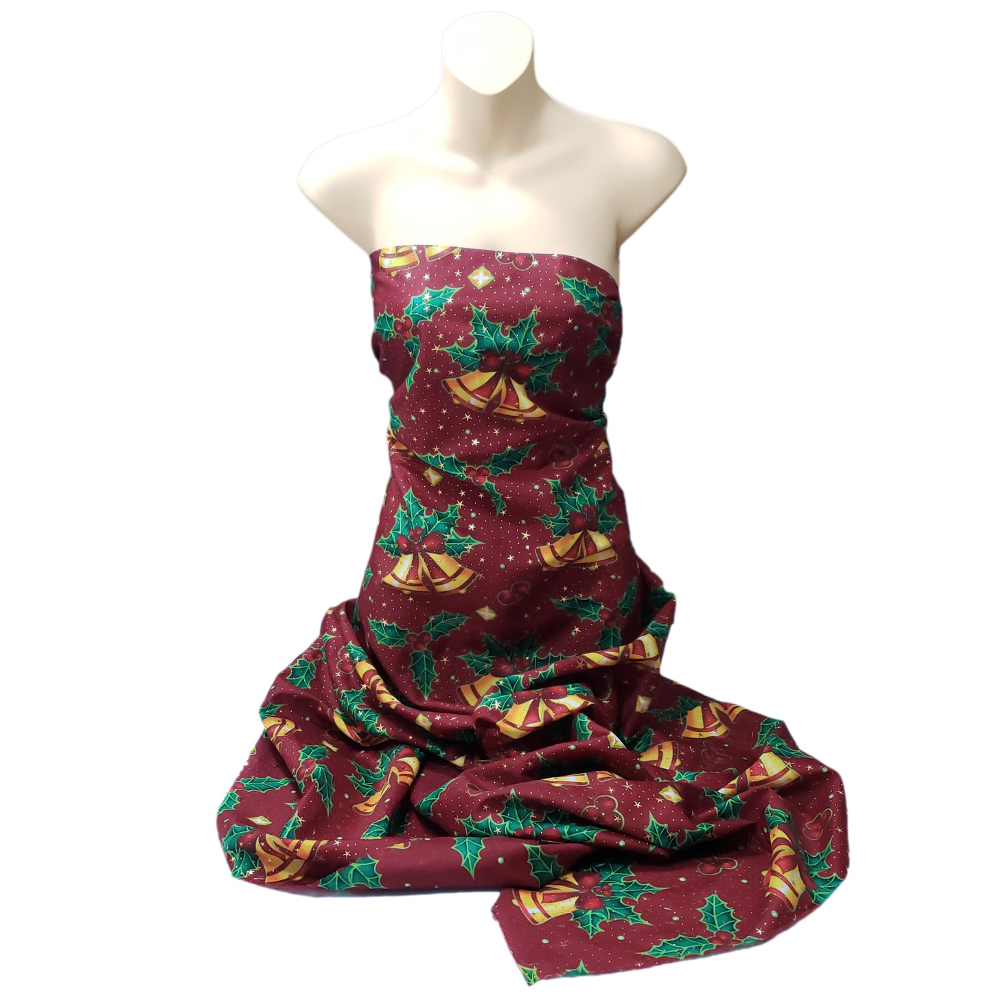 Christmas Bells and Holly Mistletoe with Gold Metallic Stars and Dots Poly Cotton Woven Fabric