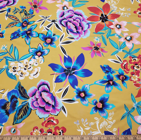 Assorted Painted Flowers Mix on Mustardy Yellow Nylon Spandex