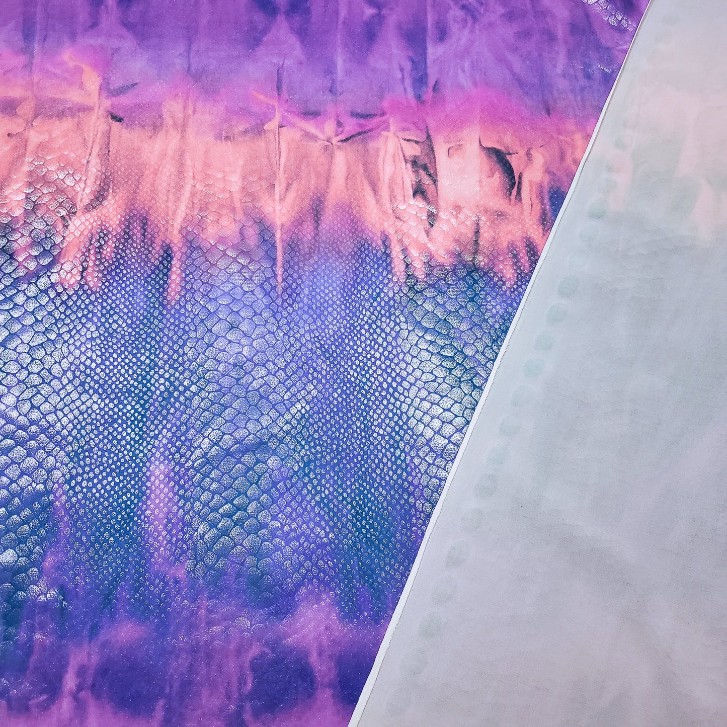 Abstract Tie Dye with Clear Foil Snake Skin 2-Way Stretch Spandex Fabric – Purple, Orange & Violet