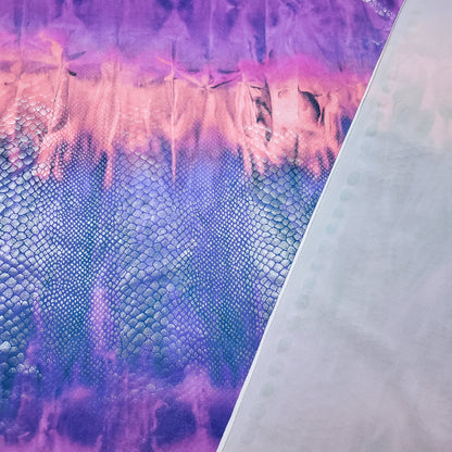 Abstract Tie Dye with Clear Foil Snake Skin 2-Way Stretch Spandex Fabric – Purple, Orange & Violet