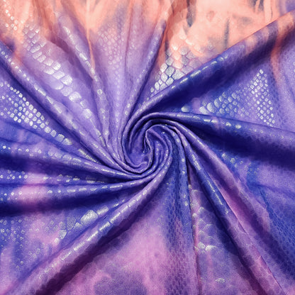 Abstract Tie Dye with Clear Foil Snake Skin 2-Way Stretch Spandex Fabric – Purple, Orange & Violet