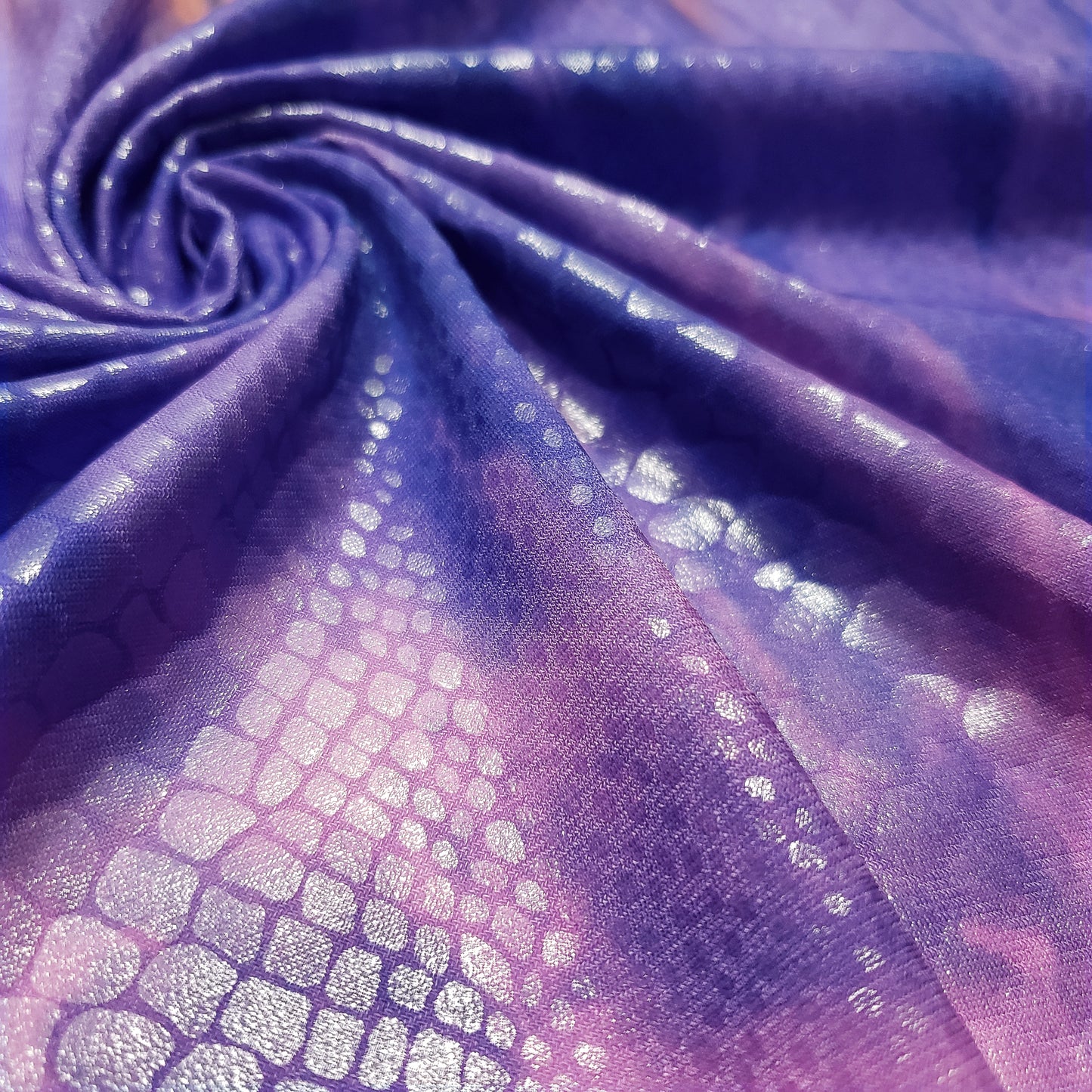 Abstract Tie Dye with Clear Foil Snake Skin 2-Way Stretch Spandex Fabric – Purple, Orange & Violet