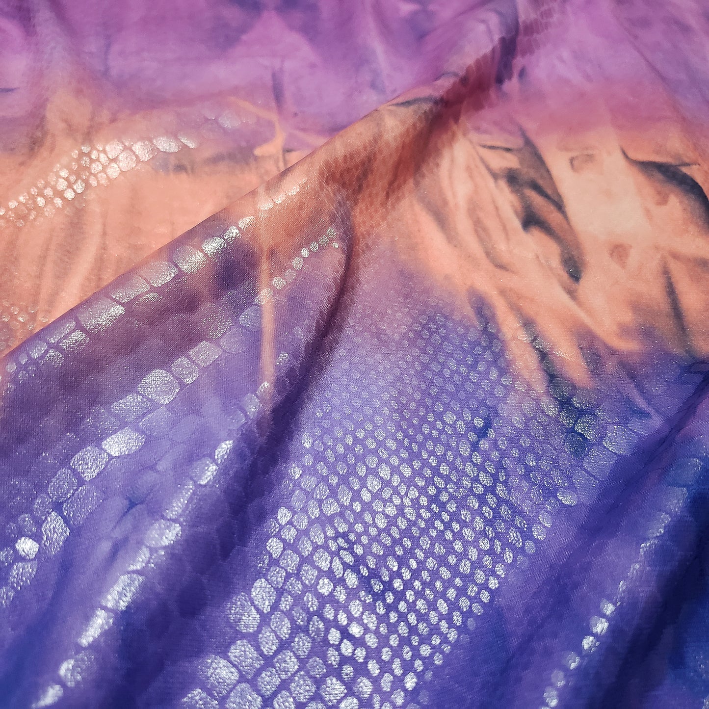Abstract Tie Dye with Clear Foil Snake Skin 2-Way Stretch Spandex Fabric – Purple, Orange & Violet