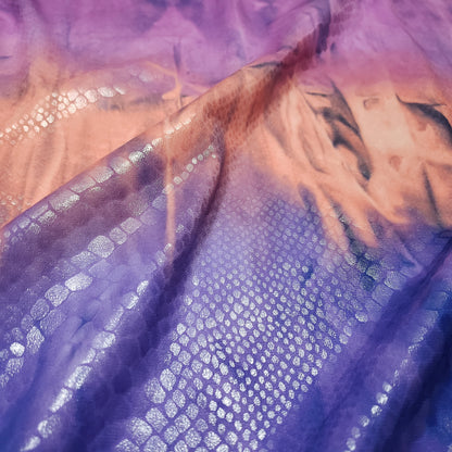 Abstract Tie Dye with Clear Foil Snake Skin 2-Way Stretch Spandex Fabric – Purple, Orange & Violet