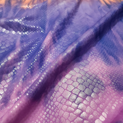 Abstract Tie Dye with Clear Foil Snake Skin 2-Way Stretch Spandex Fabric – Purple, Orange & Violet