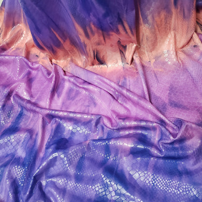 Abstract Tie Dye with Clear Foil Snake Skin 2-Way Stretch Spandex Fabric – Purple, Orange & Violet