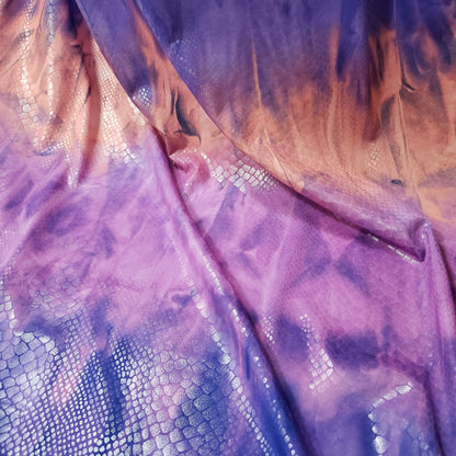Abstract Tie Dye with Clear Foil Snake Skin 2-Way Stretch Spandex Fabric – Purple, Orange & Violet