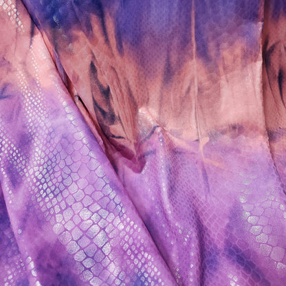 Abstract Tie Dye with Clear Foil Snake Skin 2-Way Stretch Spandex Fabric – Purple, Orange & Violet