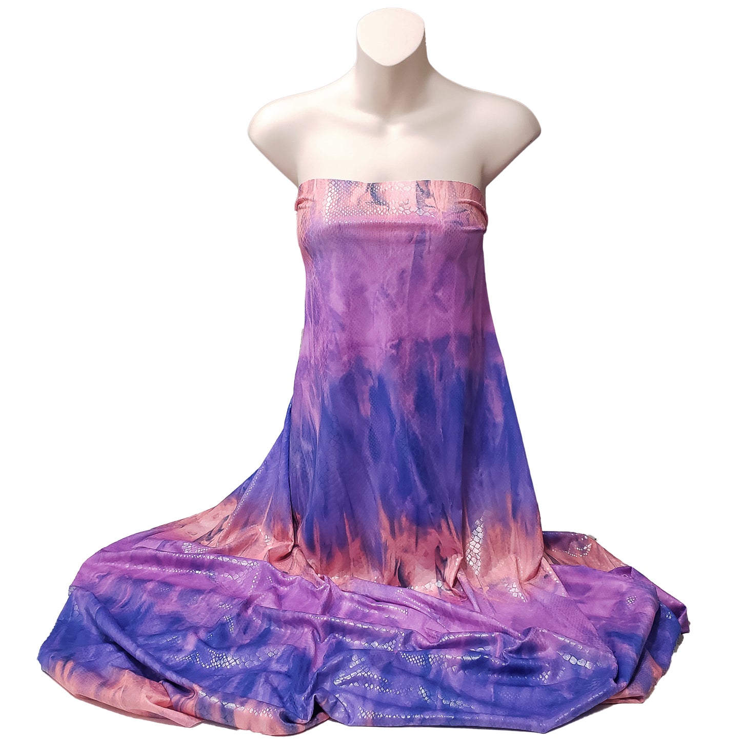 Abstract Tie Dye with Clear Foil Snake Skin 2-Way Stretch Spandex Fabric – Purple, Orange & Violet
