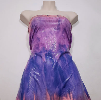 Abstract Tie Dye with Clear Foil Snake Skin 2-Way Stretch Spandex Fabric – Purple, Orange & Violet
