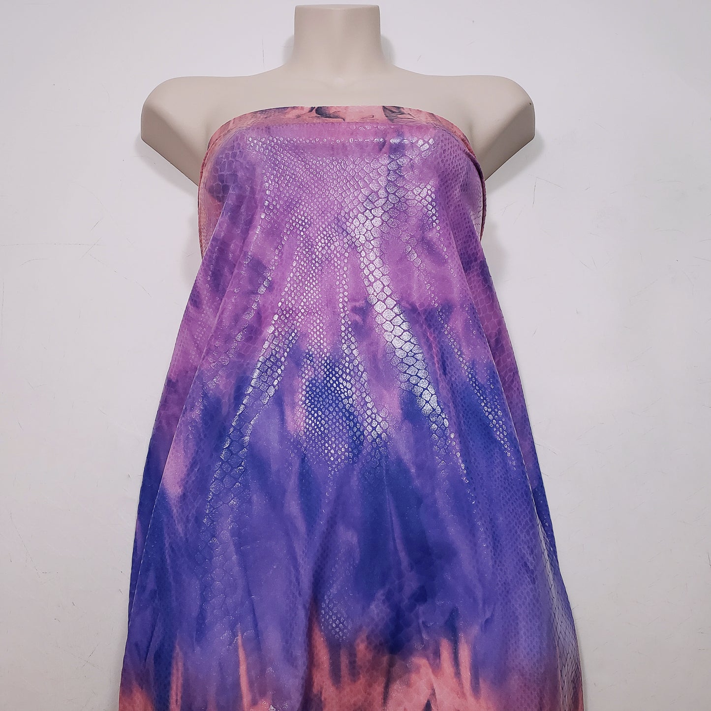 Abstract Tie Dye with Clear Foil Snake Skin 2-Way Stretch Spandex Fabric – Purple, Orange & Violet