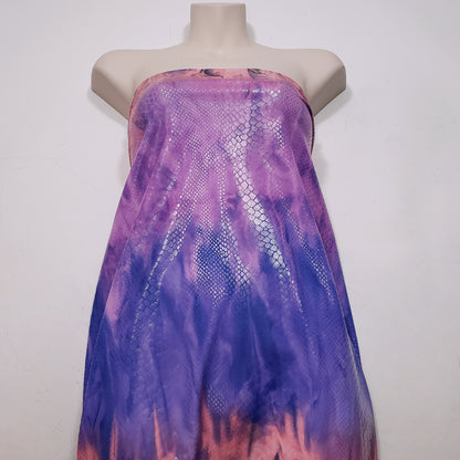 Abstract Tie Dye with Clear Foil Snake Skin 2-Way Stretch Spandex Fabric – Purple, Orange & Violet