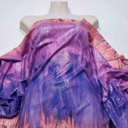 Abstract Tie Dye with Clear Foil Snake Skin 2-Way Stretch Spandex Fabric – Purple, Orange & Violet