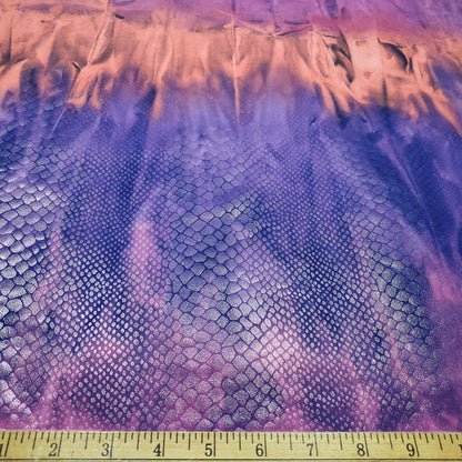 Abstract Tie Dye with Clear Foil Snake Skin 2-Way Stretch Spandex Fabric – Purple, Orange & Violet