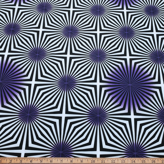 Psychedelic Optical Illusion Geometric Fabric – Black, White & Purple Burst Print