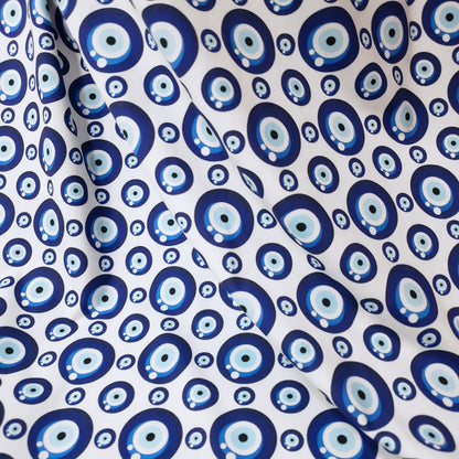 Evil Eye Nazar Print Fabric – Navy, Royal & Light Blue Eyes on White 4-way Stretch Poly Spandex