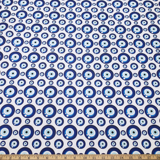 Evil Eye Nazar Print Fabric – Navy, Royal & Light Blue Eyes on White 4-way Stretch Poly Spandex