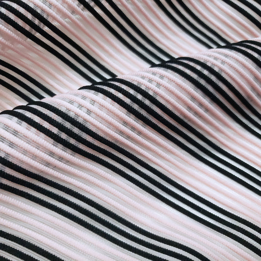 Black and Pale Pink Raised Rib Stripe 2-Way Stretch White Mesh Fabric