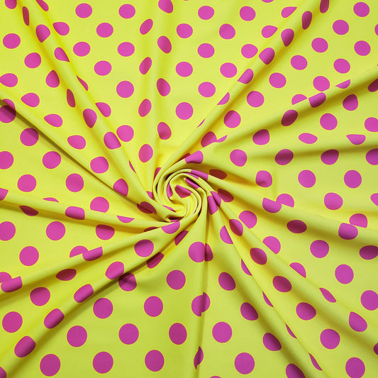 Bright Lemon Yellow & Hot Pink Polka Dot 4-Way Stretch Nylon Spandex Swimsuit Fabric